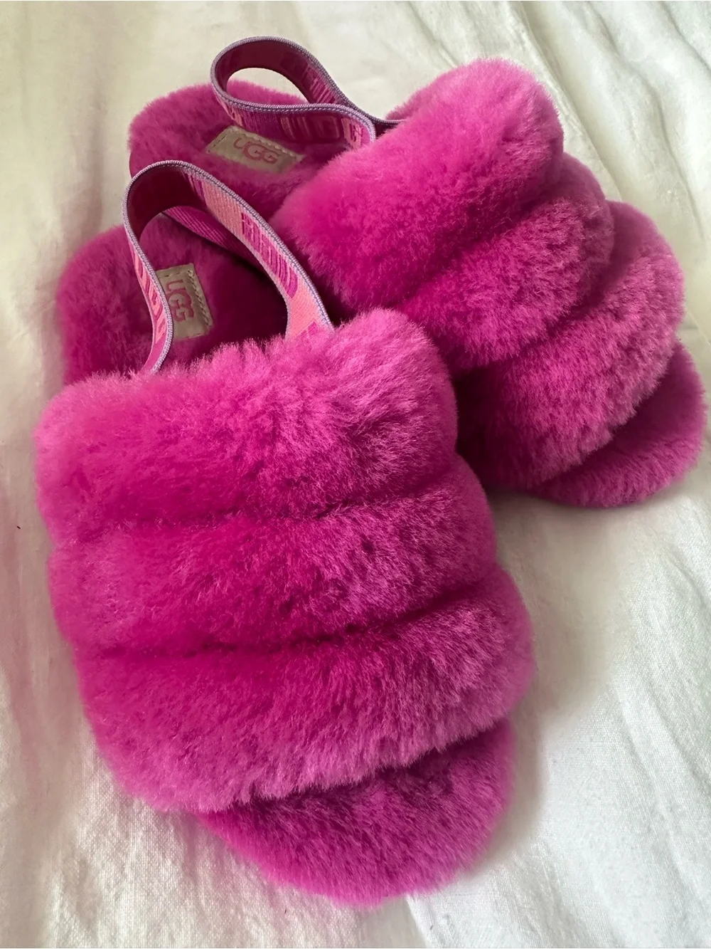 UGG Kids Hot Pink Fluffy Slide Sandals with Back Strap size 12 toddler girls
